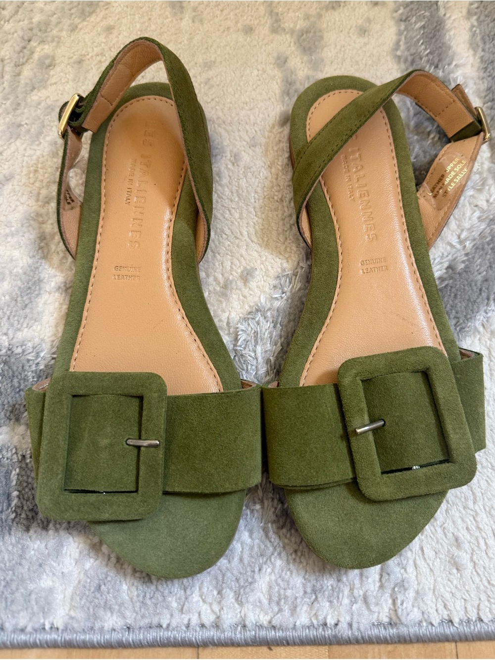 Les Italiennes Sally Olive Green Suede Buckle Slingback Sandals 7